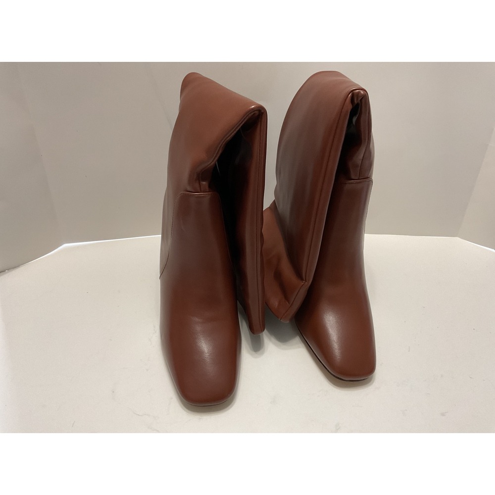 Gabrielle Union Tall Shaft Heeled Bootie Cognac Brown Square Toe Block Heel Sh7